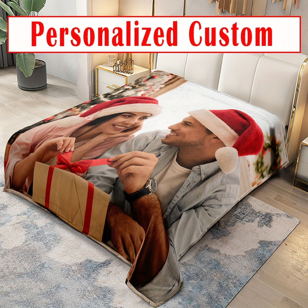 Personalized Flannel Bed Blanket with Photo and Text Reversible Microfiber Throw for All Seasons