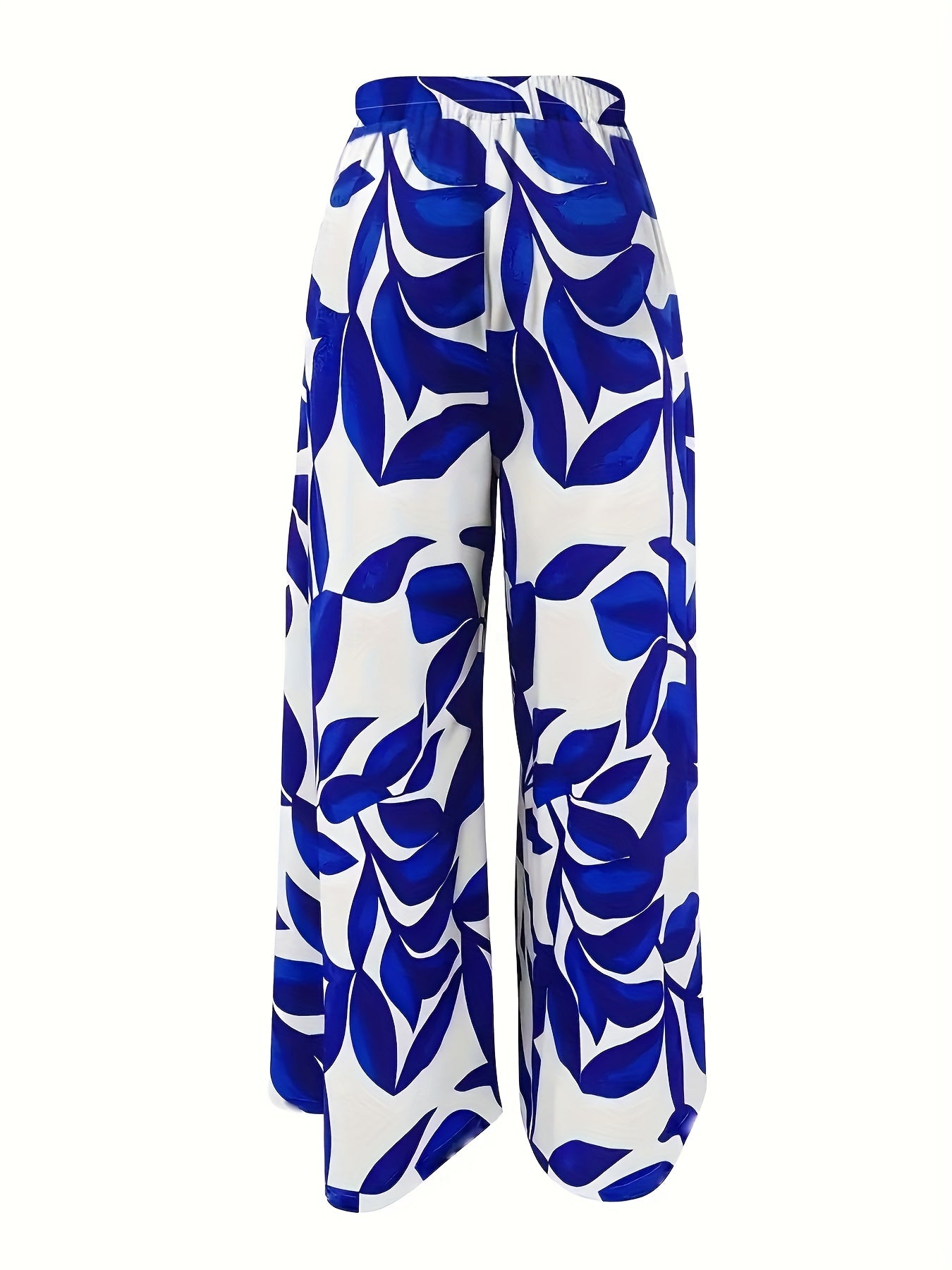 Women’s Polyester Wide Leg Pants with Blue and White Leaf Pattern for Casual or Vacation Wear