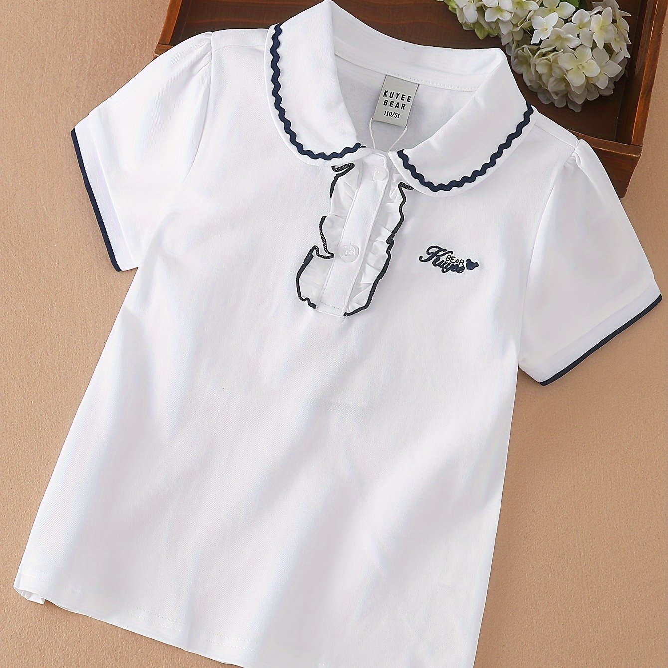 Girls Short Sleeve Cotton Blend Knit Top with Lace Embroidery for Summer Casual