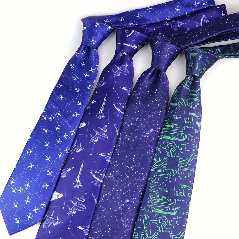 Silk-Like Printed Tie with Airplanes Planets Symbols Musical Notes Footballs for School Work Party