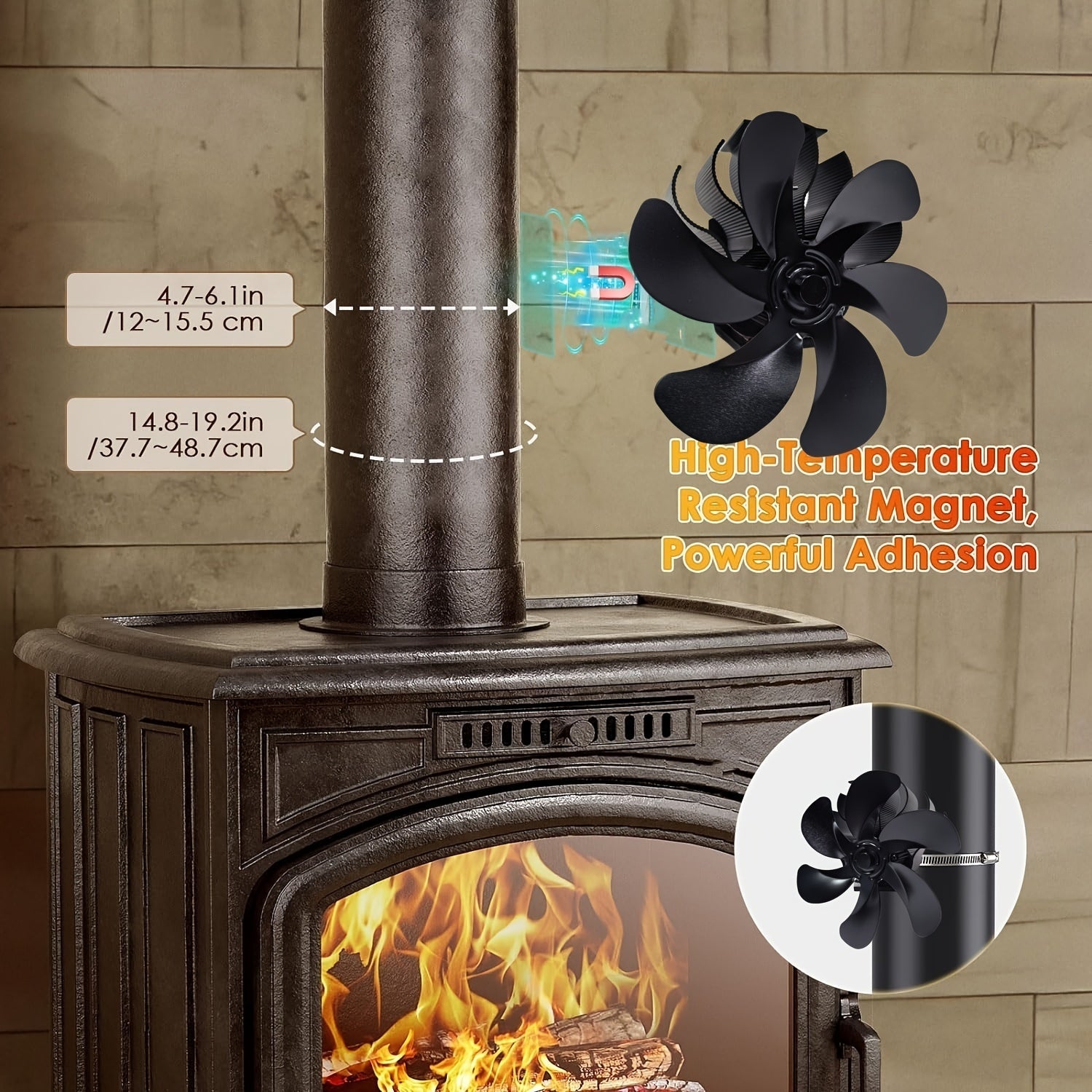 Wood Stove Fan 6 Blades Magnetic Flue Mount Non-Electric Heat Powered