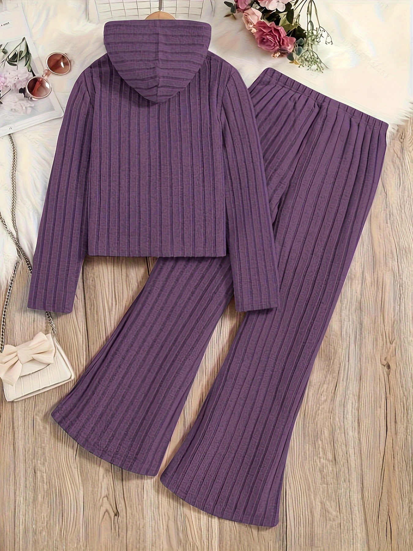 Детский комплект из вязаного худи и брюк с длинным рукавом, однотонный полиэстер, повседневный стиль, для детей старше 3 лет