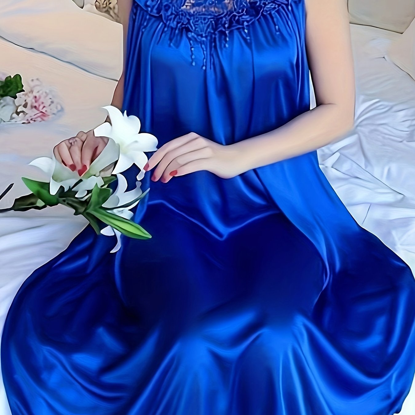 Women's Sleeveless Lace Nightdress Summer Elegant Solid Color Satin Feel Sleepwear