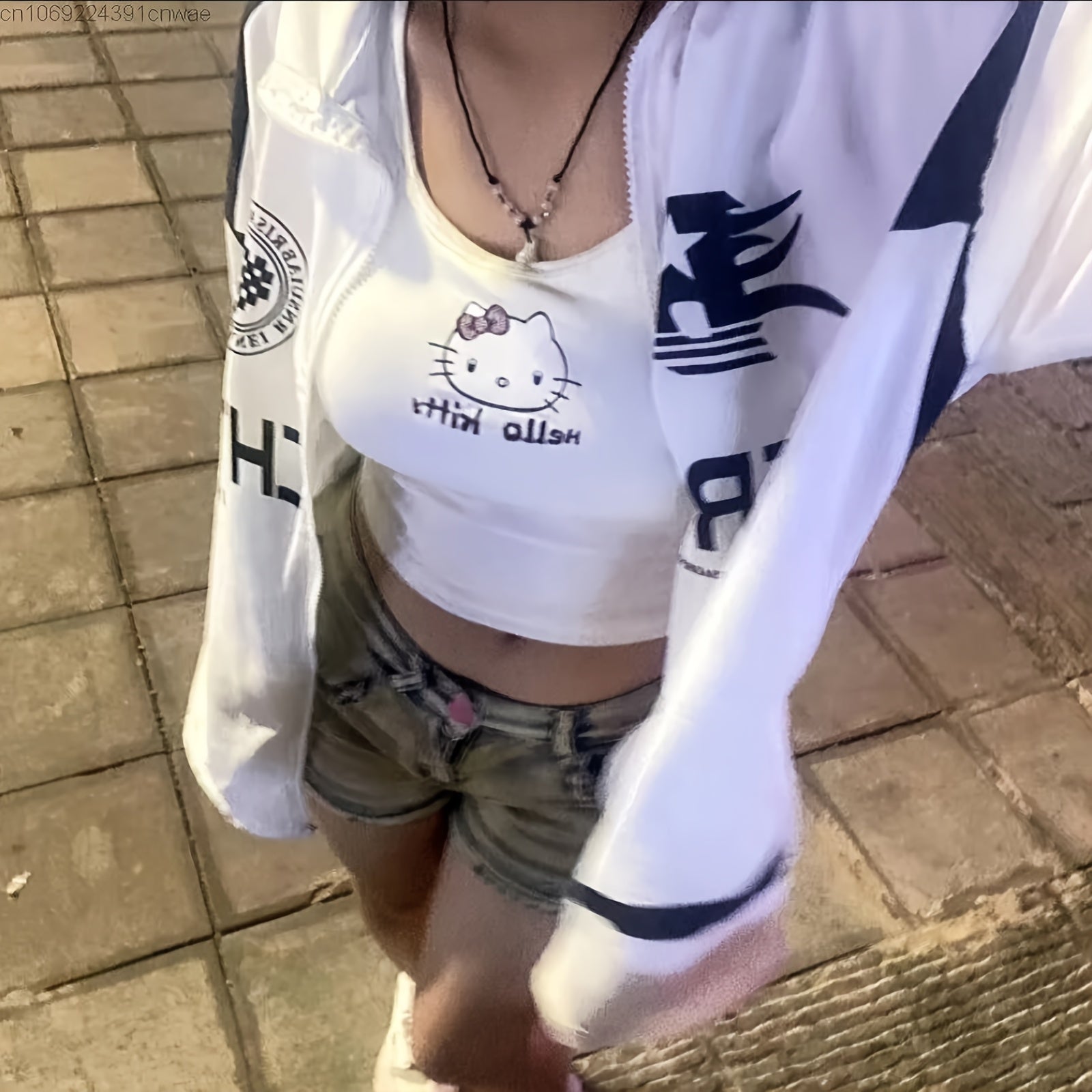 Anime-Themed Cotton Sleeveless Cropped Top for Women White with Pink Hello Kitty Design