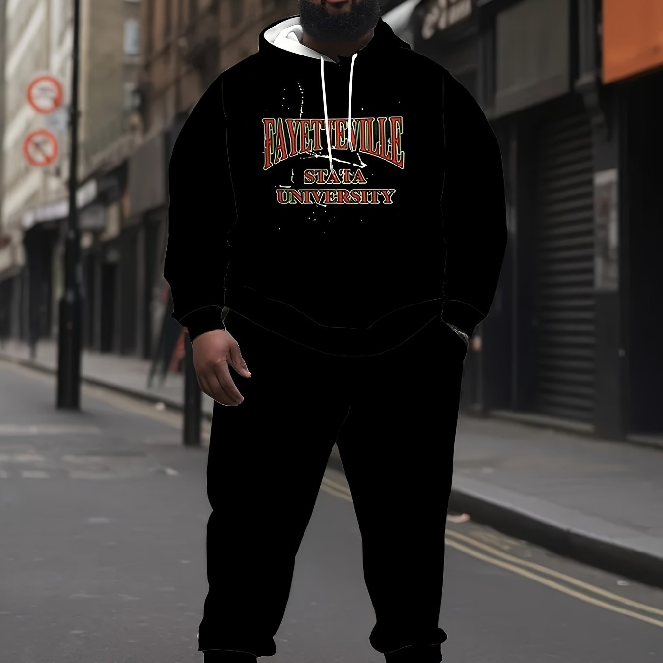 Men's Plus Size Casual Outfit Hoodie and Print Pants Polyester Comfortable Sportswear