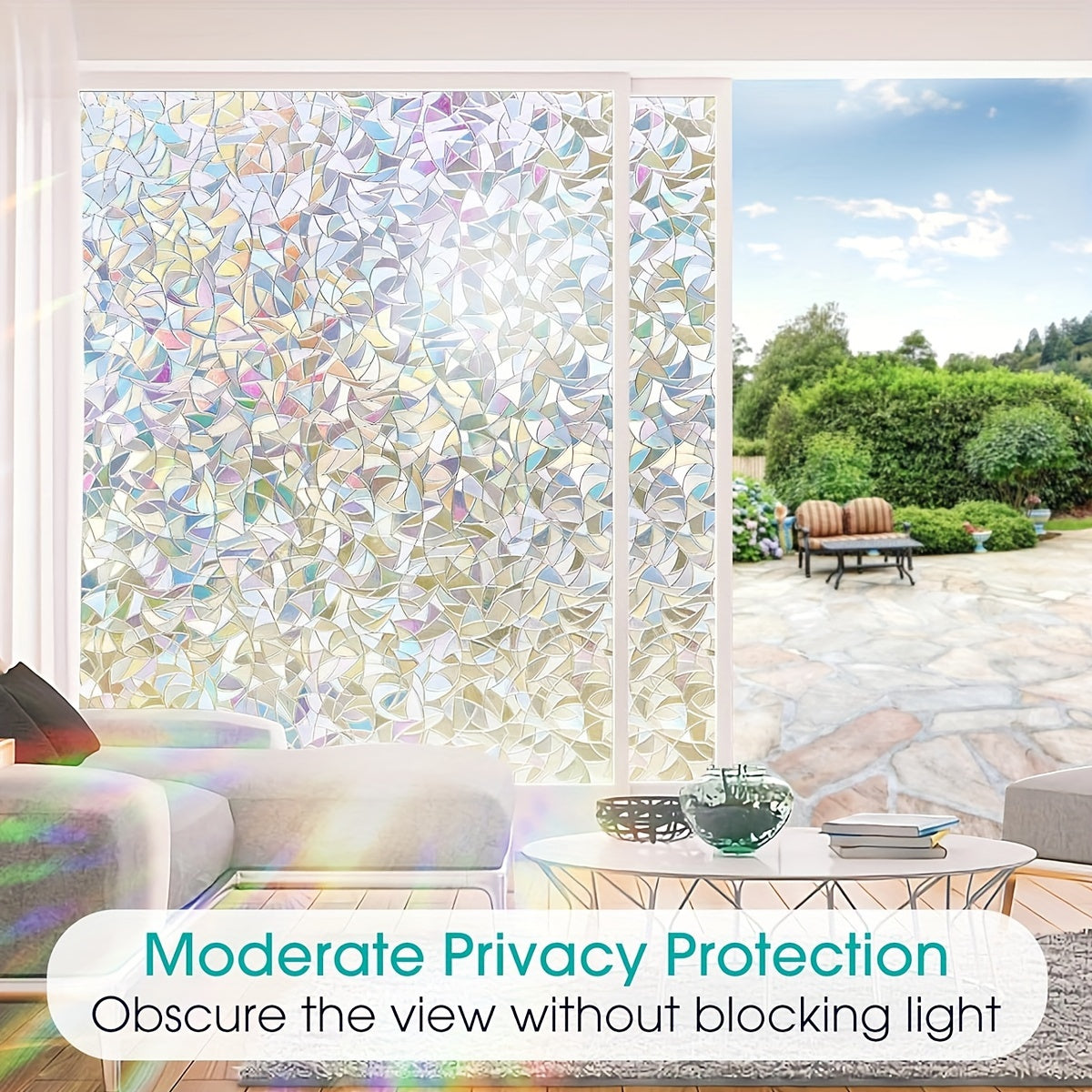Frosted Privacy Window Film with Crescent & Diamond Pattern, Heat Control, No-Glue, Semi-Transparent, 9mil PVC