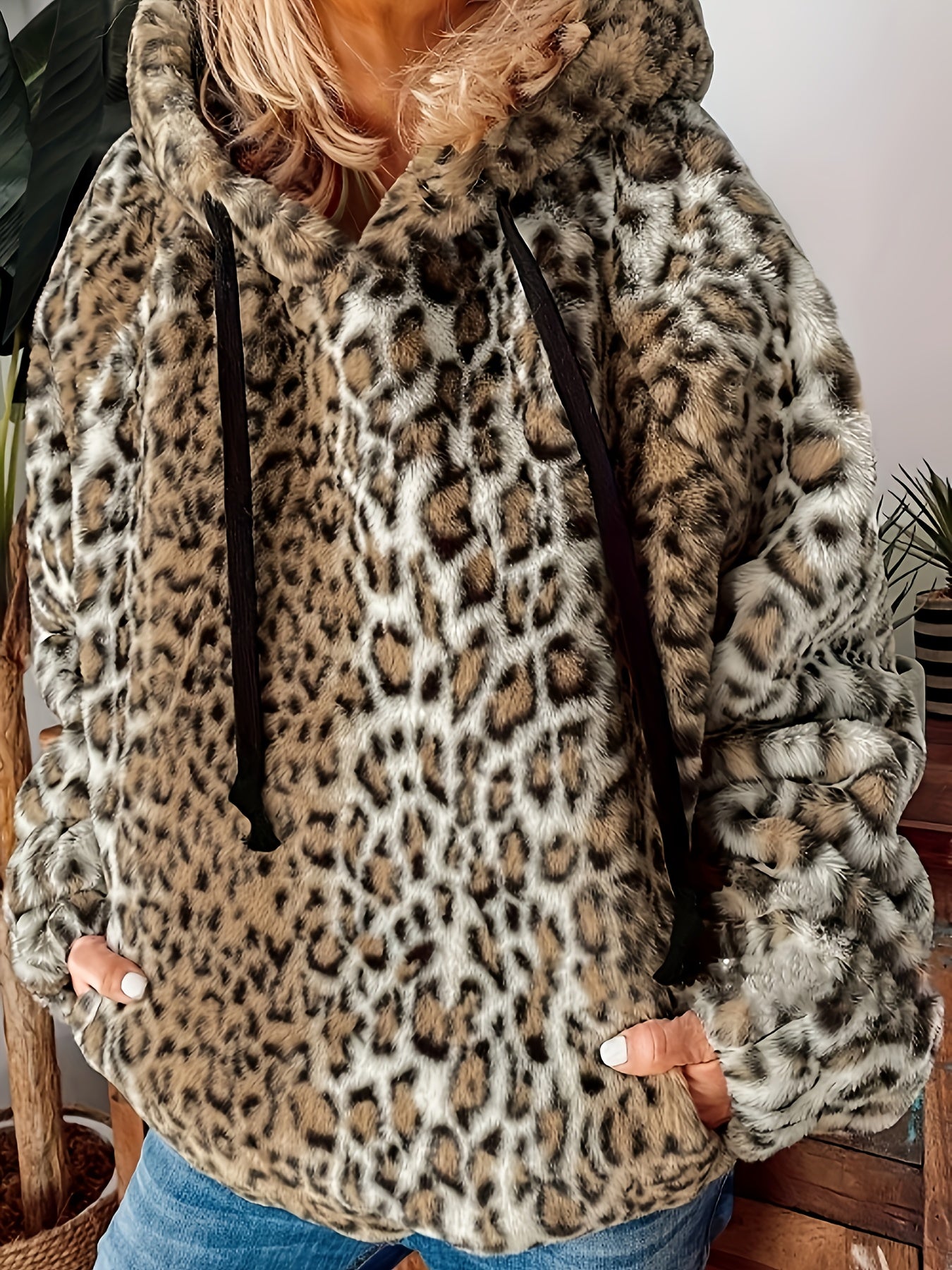 Толстовка женская с леопардовым принтом и пушистым материалом, размер плюс, осень-зима, повседневная спортивная толстовка