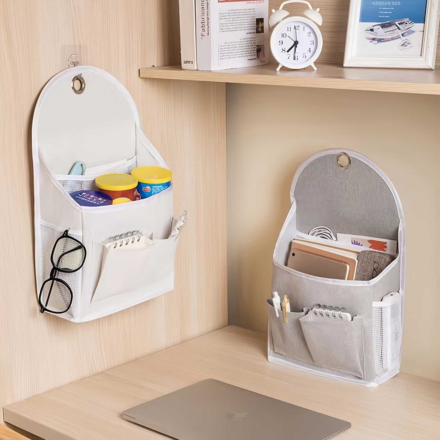 Wall-Mounted Storage Organizer with Dual Pockets and Mesh Side Compartment Beige Grey