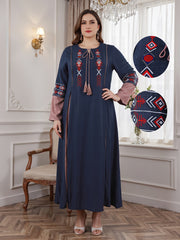 Plus Size Navy Blue V-Neck Maxi Dress With Red White Embroidery