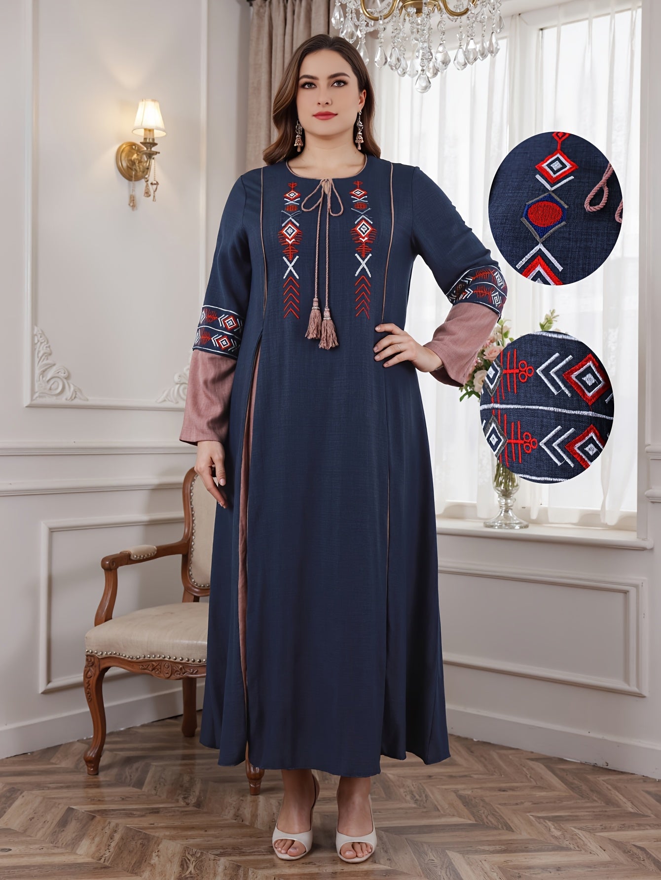 Plus Size Navy Blue V-Neck Maxi Dress With Red White Embroidery