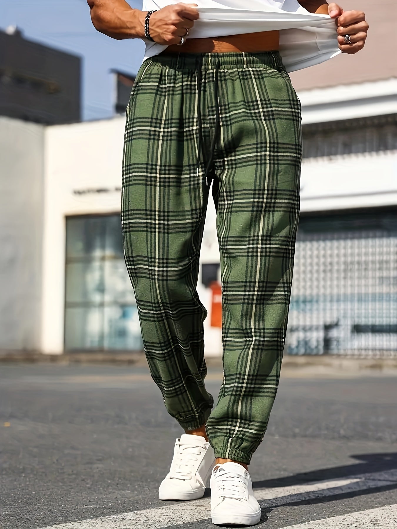 Men's Plus Size Plaid Jogger Pants with Drawstring Casual Sportswear