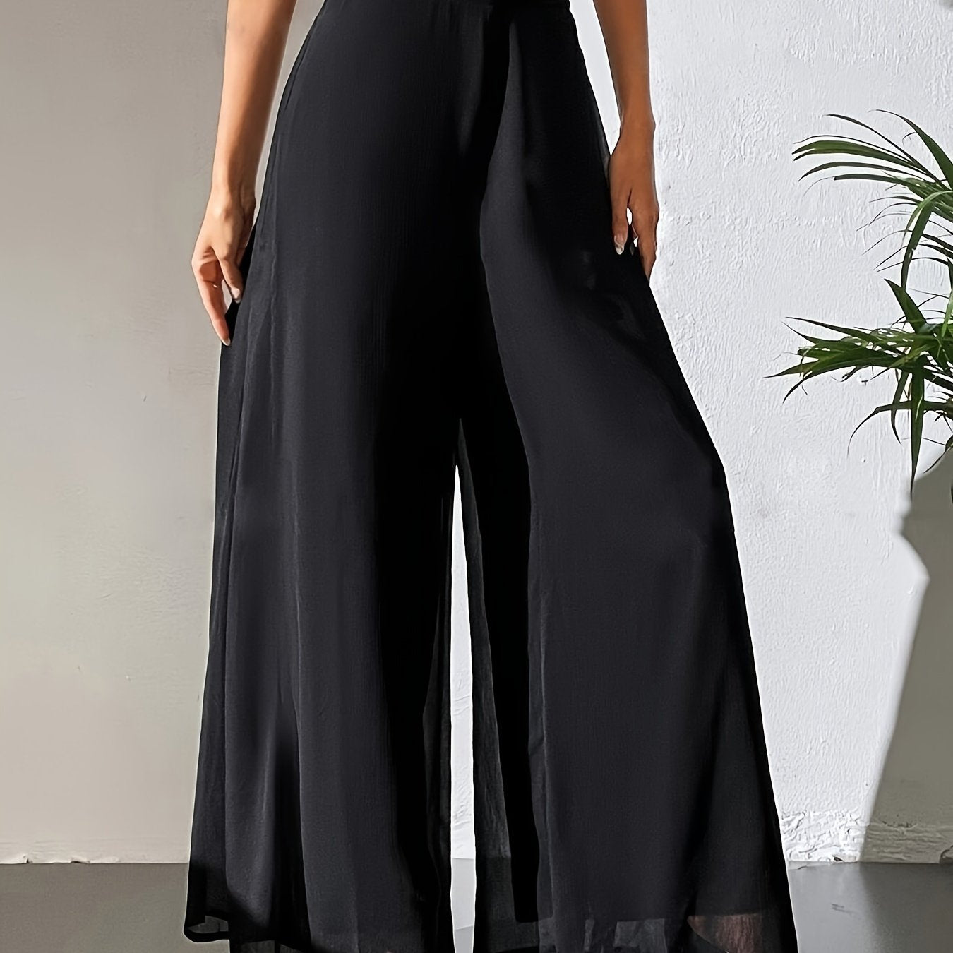 Pantalones anchos negros para mujer con cintura alta, poliéster y spandex, tela fluida