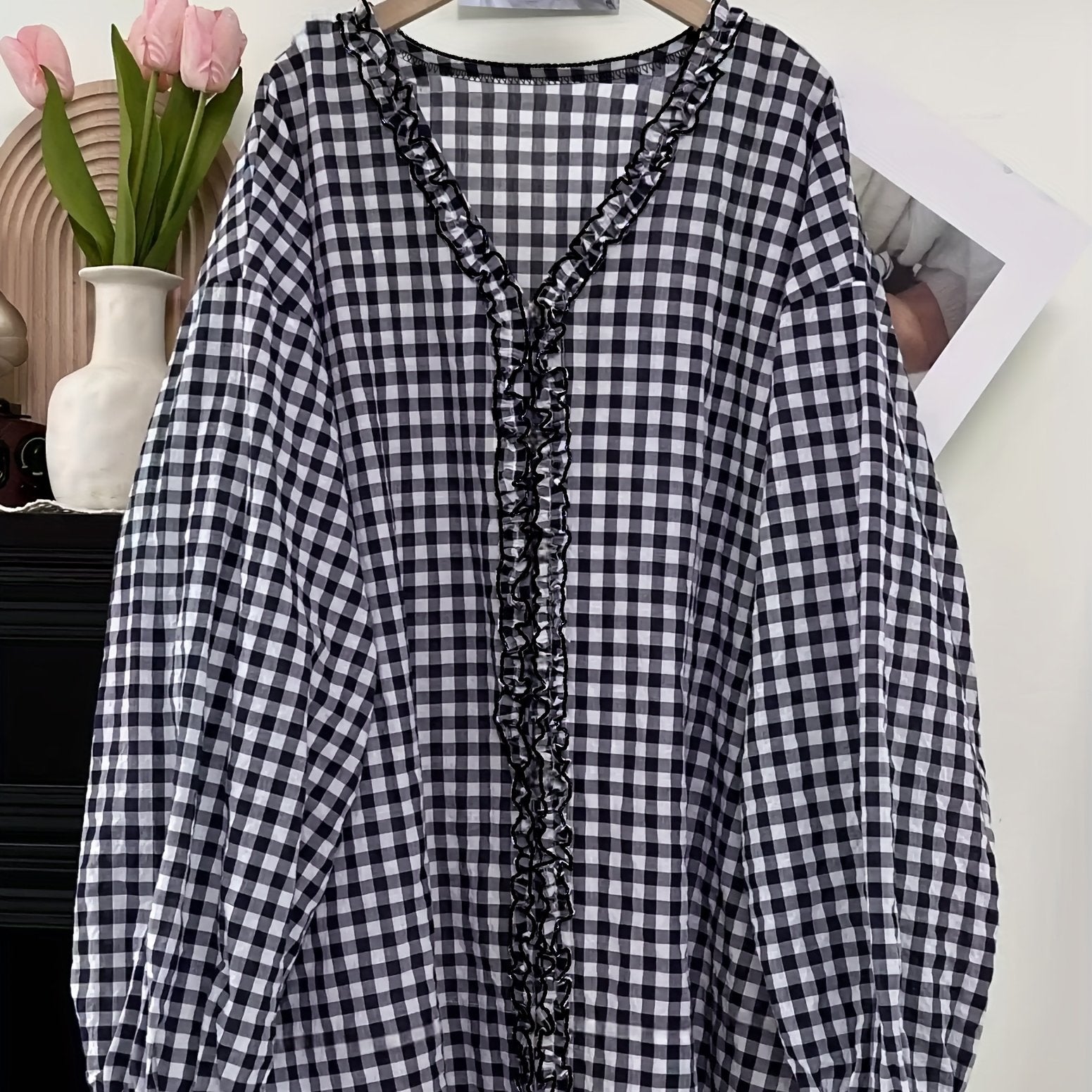 Plus Size Women's Loose Checkered Wood Ear Flap Shirt