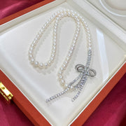Pearl Necklace with Cubic Zirconia Bow for Weddings and Special Events