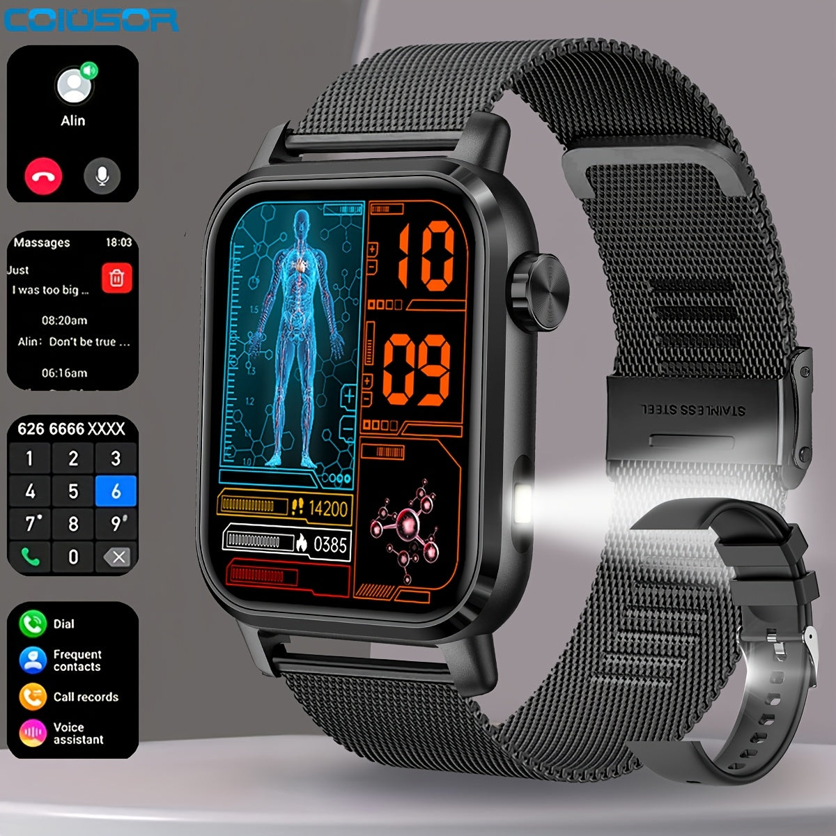 COIUSOR Смарт-часы с 3D динамическим спортивным циферблатом, встроенным светодиодным фонариком, большим экраном 4,7 см, настоящим беспроводным 5.3, более 100 спортивными режимами, ответом на звонки и их совершением, отправкой сообщений.