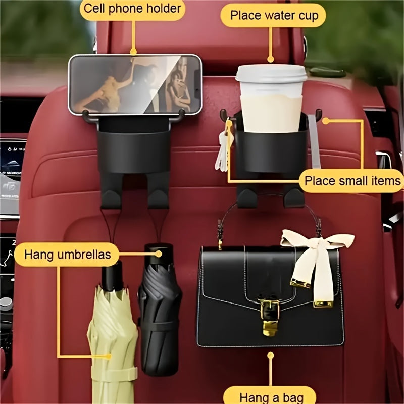 2 Pack Car Seat Back Hooks with Built-In Cup Holders Auto Interior Organizer