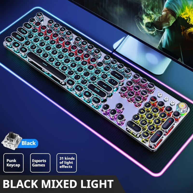 Full Size Mechanical Gaming Keyboard 104 Keys Metal Panel Backlit USB Wired with Multimedia Knob Black Switches