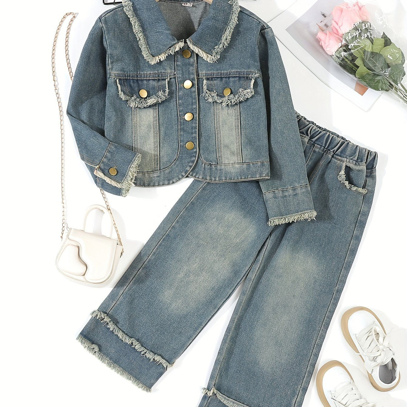 Girls Denim Two-Piece Set Autumn Retro Solid Color Woven Cotton Polyester