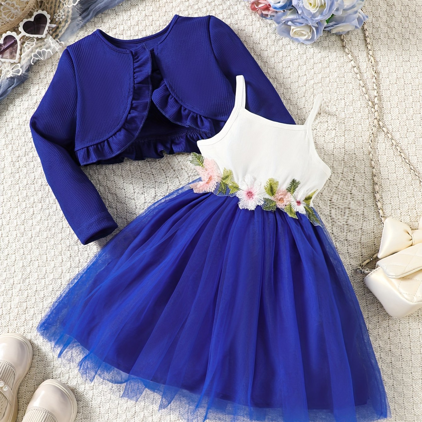 Girls Ruffle Cardigan and Embroidered Mesh Princess Dress Set for Spring Fall