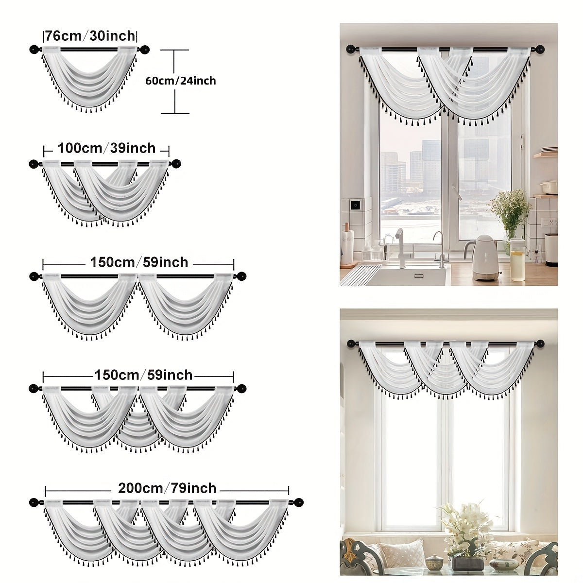 Sheer Wave Curtain Valance with Tassels Edge 30x24 Inches Light-Transmitting Rod Pocket Decor