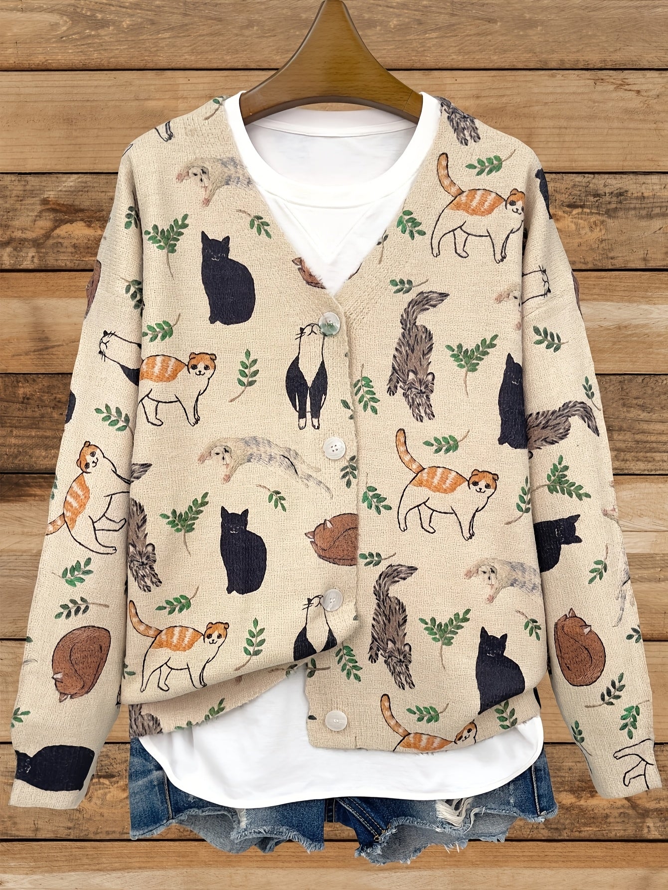 Suéter de punto para mujer talla grande con cuello en V, manga larga y estampado de gato