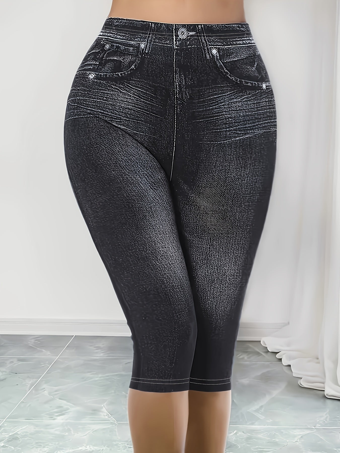Plus Size Faux Denim Print Skinny Capri Pants for Women Spring Summer Fall