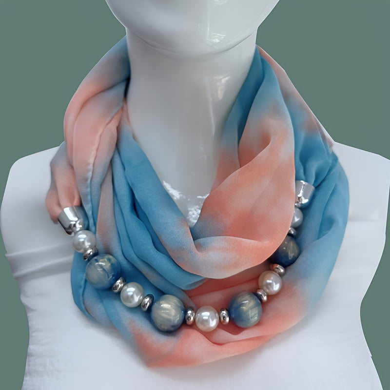 Beaded Necklace Scarf Women’s Chiffon Imitation Ceramic Beads Infinity Accessory