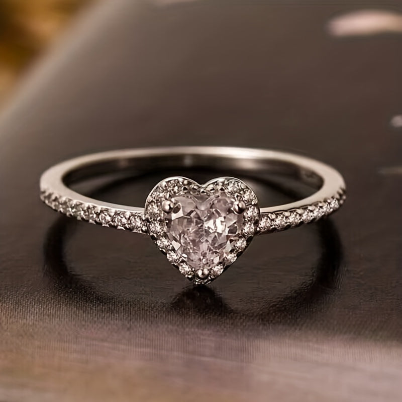 Sterling Silver Promise Ring with Heart Design and Zirconia Stones for Women