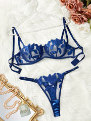 Women's Lingerie Set with Burned Flower Embroidery Lace and Transparent Design