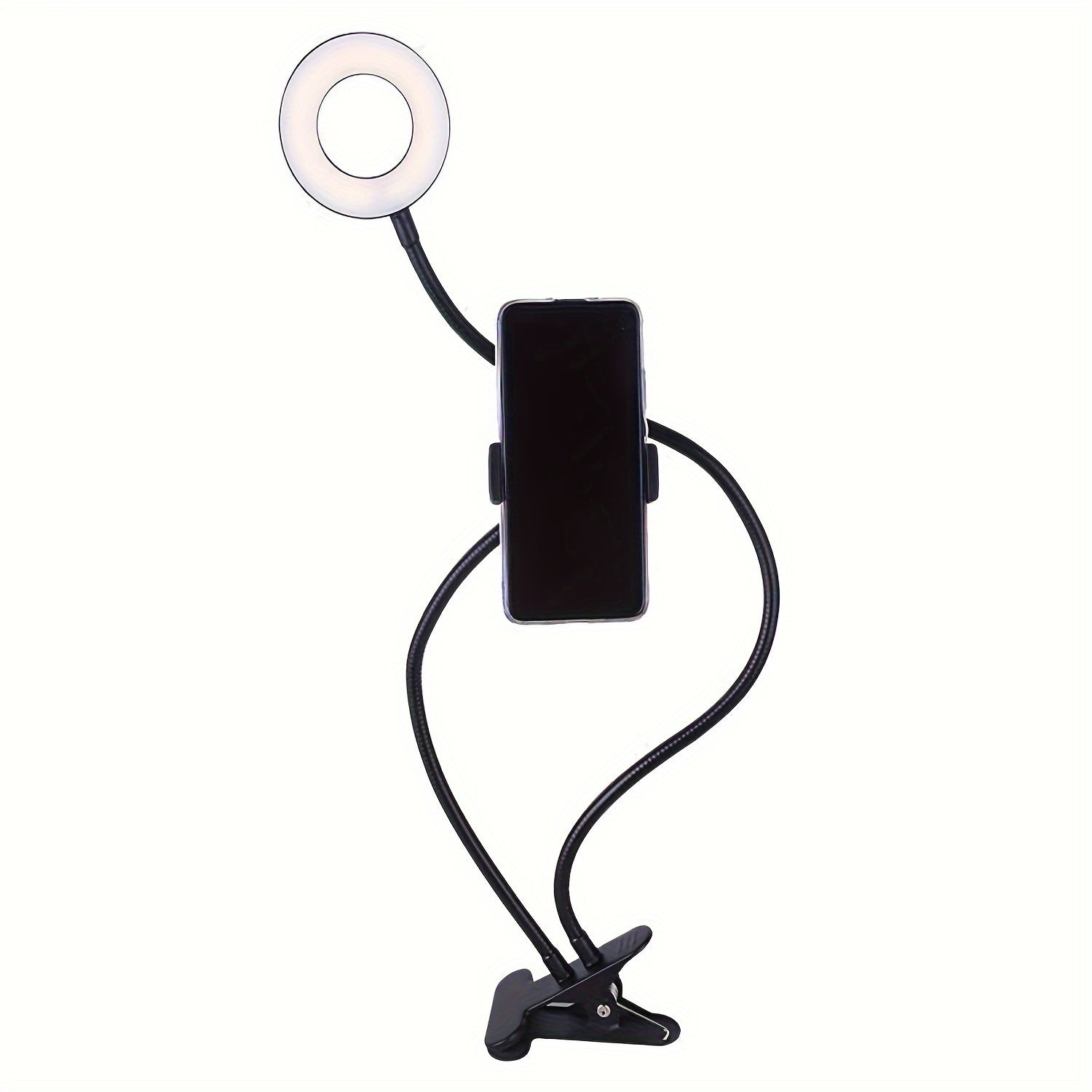 Iron Phone Grip Stand with Ring Light and Clip-On Gooseneck Light for Desk Reading Video Recording