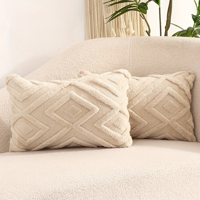 Pair of Beige Geometric Pattern Throw Pillow Covers 100% Polyester Zipper Closure