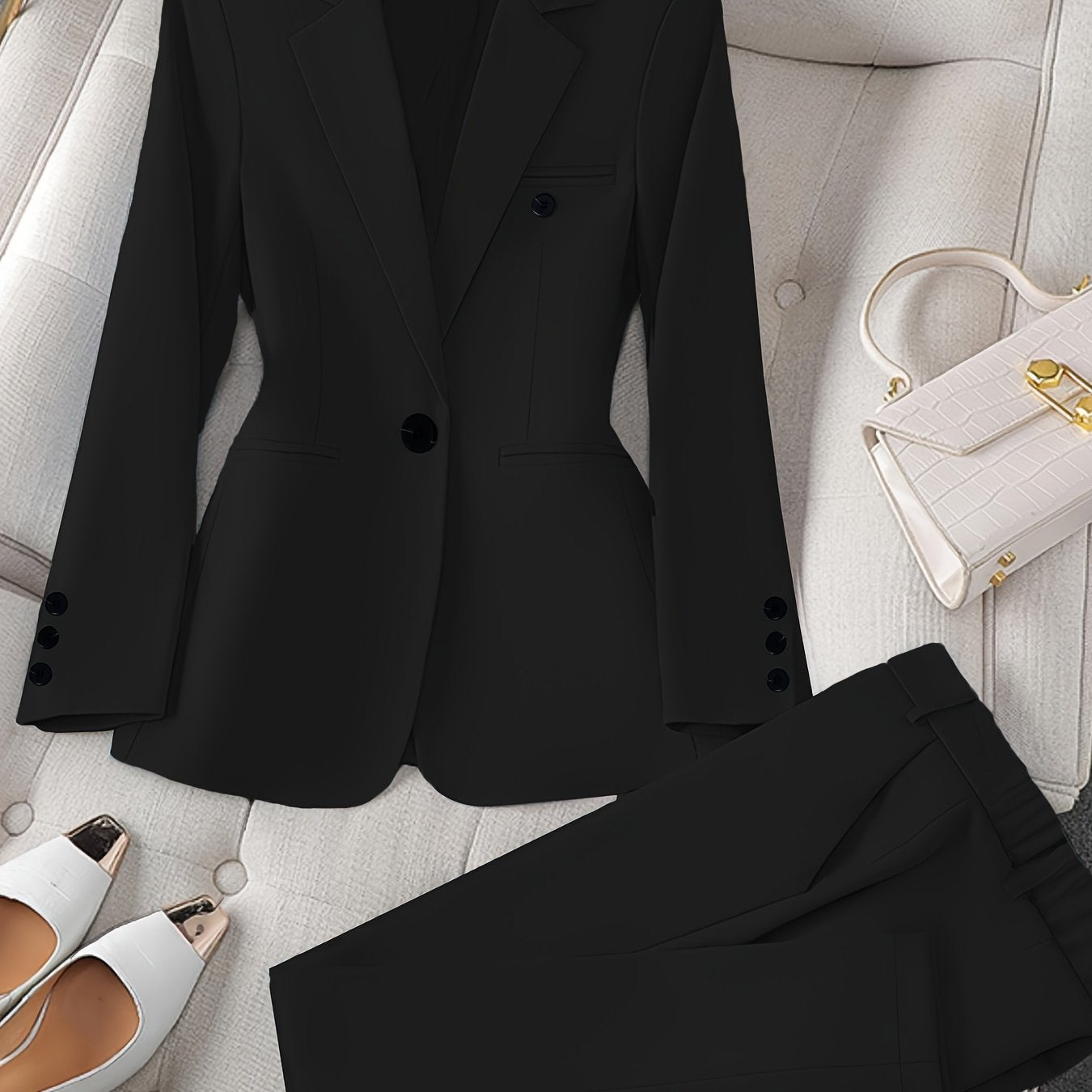 Women's Black 2-Piece Suit Set Long Sleeve Blazer and Pants Woven Polyester