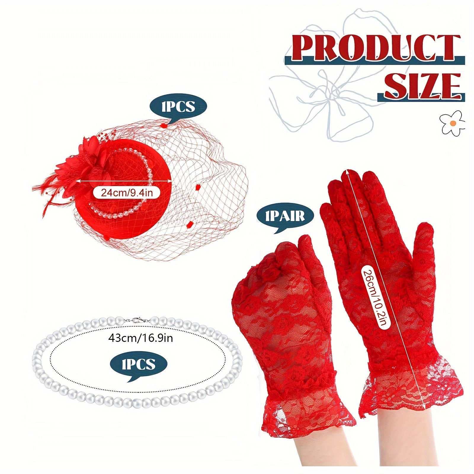 Women's Fascinator Hat Set with Veil Feather and Pearl Necklace