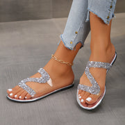 Women's Glitter Slide Sandals Transparent Rhinestone Flat Heel Casual Party