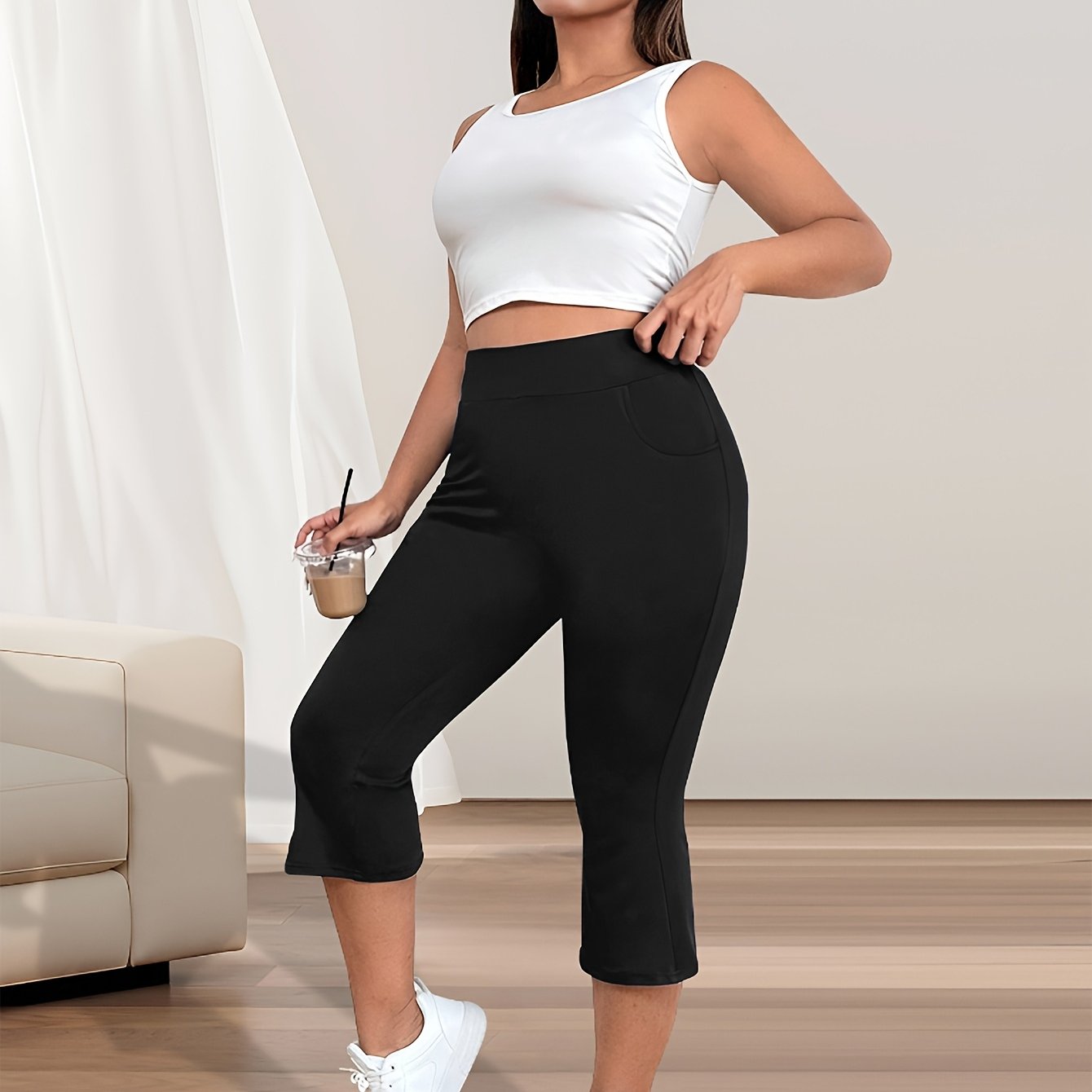 Women Plus Size High-Waist Flare Pants Stretch Fabric Pockets Blue 7/8