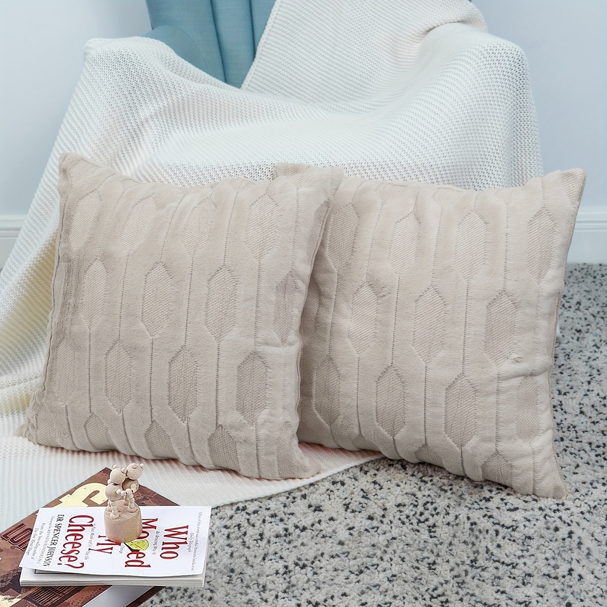 Soft Faux Fur Pillow Cover with Tatami Embroidery for Sofa Couch Bedroom Decor