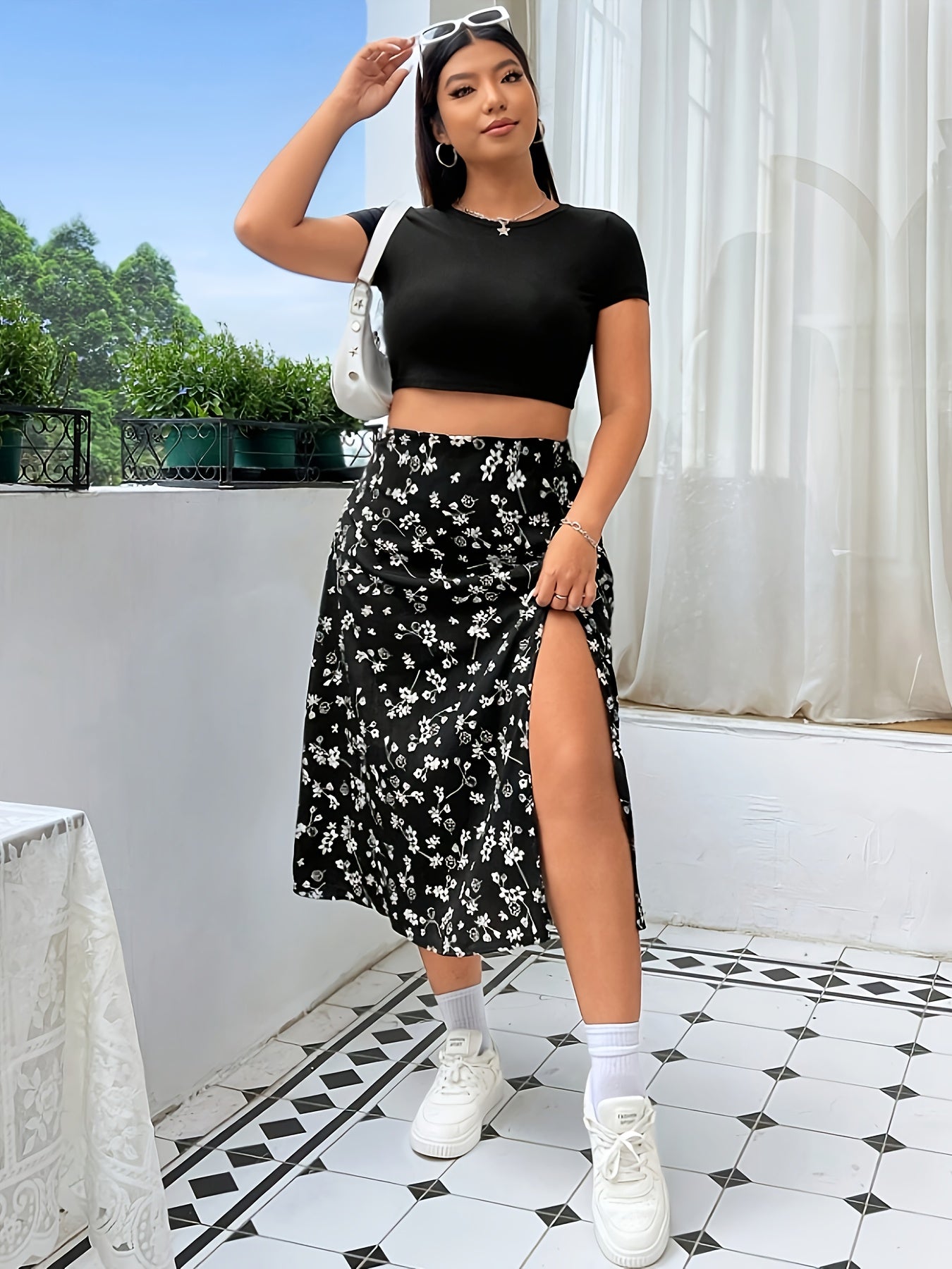 Women's Plus Size Floral Print Midi Skirt Black White High Slit Summer Casual Semi-Formal