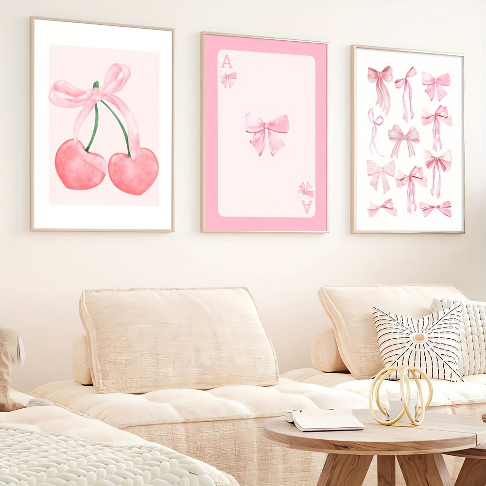 Set of 3 Pink Cherry Bow Canvas Wall Art Prints for Girl Room Bedroom Living Room Decor