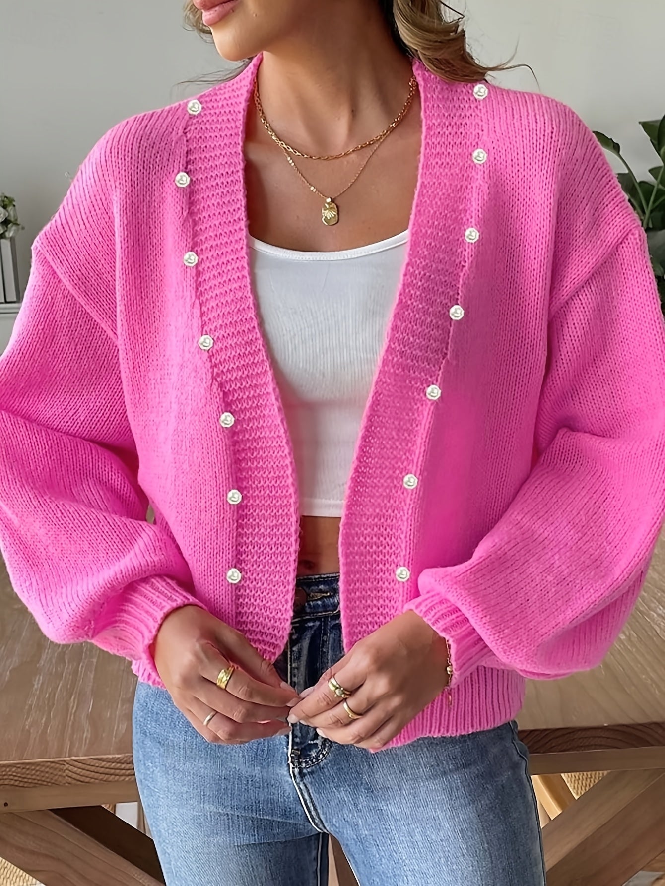 Plus Size Women's Pearl Embellished Open Front Cardigan Long Sleeve Pink Knitwear