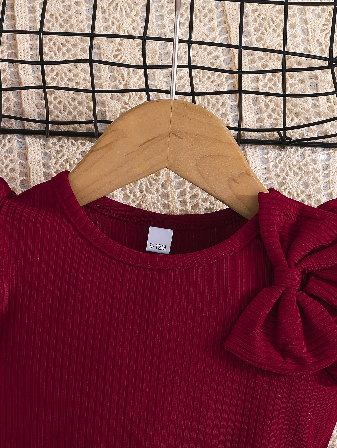 Girls Summer Outfit Maroon Ribbed T-Shirt with Bow Floral Print Shorts Set Easy-Care Polyester