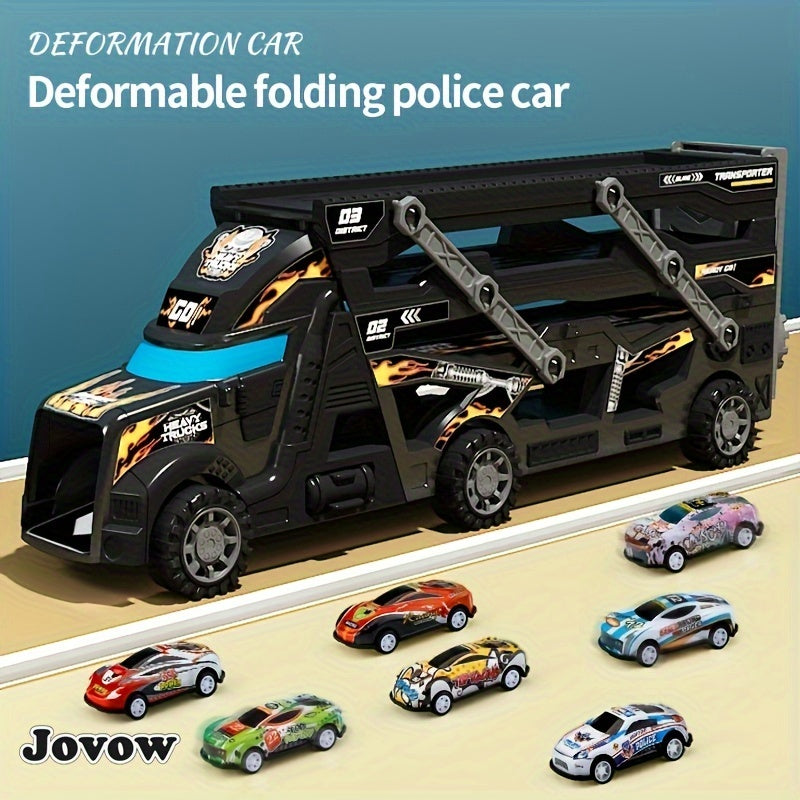 Transforming Police Toy Car with 8 Mini Cars Retractable Black Blue Flames Racing Graphics for Kids