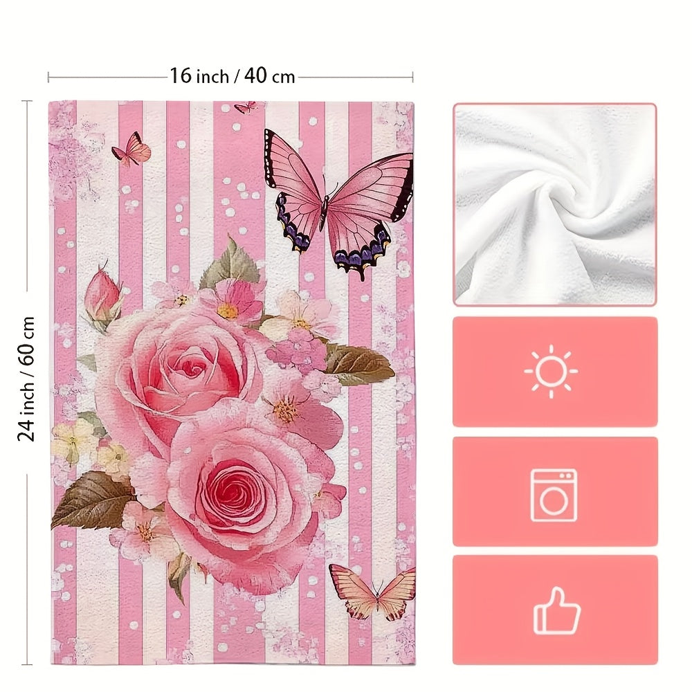 Set of 2 Pink Rose and Butterfly Kitchen Towels 16x24 Inches Ultra Soft