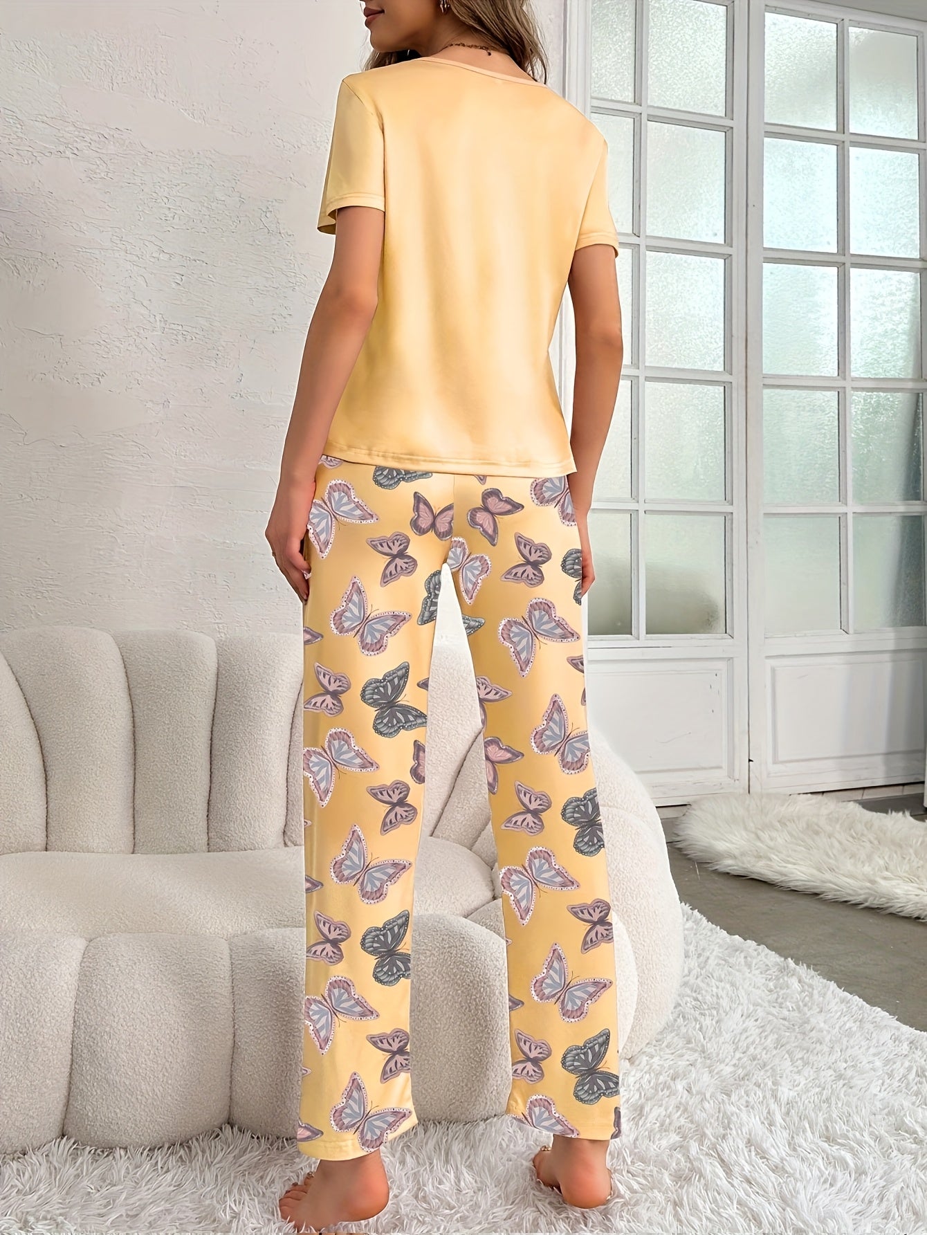 Conjunto de pijama de mariposa para mujer, poliéster, de punto, para todas las estaciones, ropa de dormir para adultos