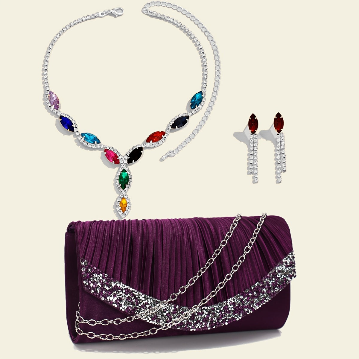 Elegant Satin Evening Clutch Bag with Rhinestones and Detachable Chain for Weddings and Parties