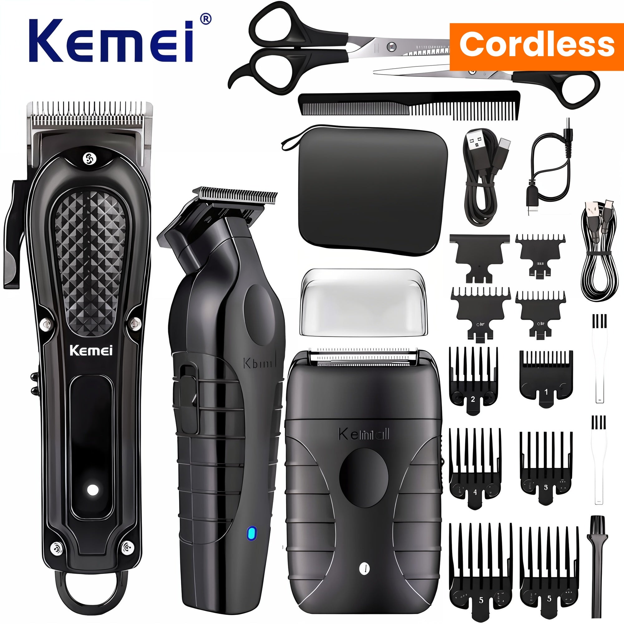 Kemei Professional Hair & Beard Trimmer Set: USB Rechargeable, Cordless Electric Shaver for Men