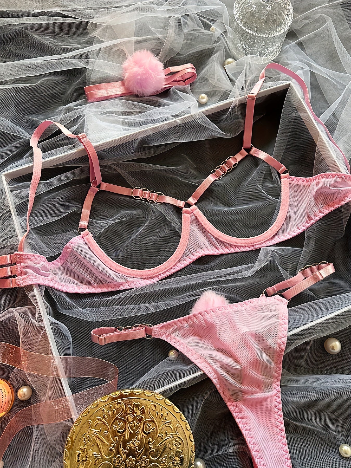 Women's Mesh Lingerie Set with Open Bust Bra and Pompom Thong