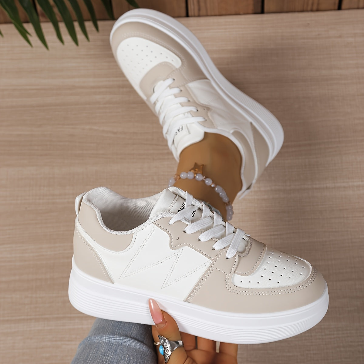 Women's White Low-Top Lace-Up Sneakers Casual Breathable Fabric Rubber Sole