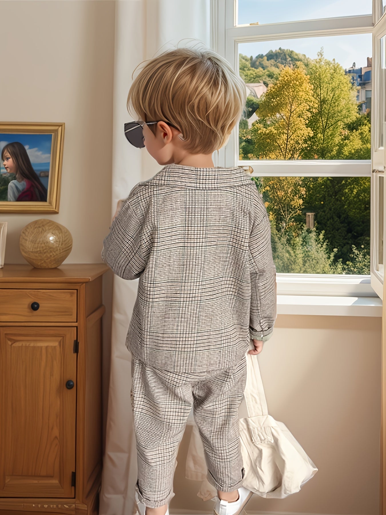 Kids Boys Plaid Suit Set Polyester Casual Blazer and Pants for Spring Fall