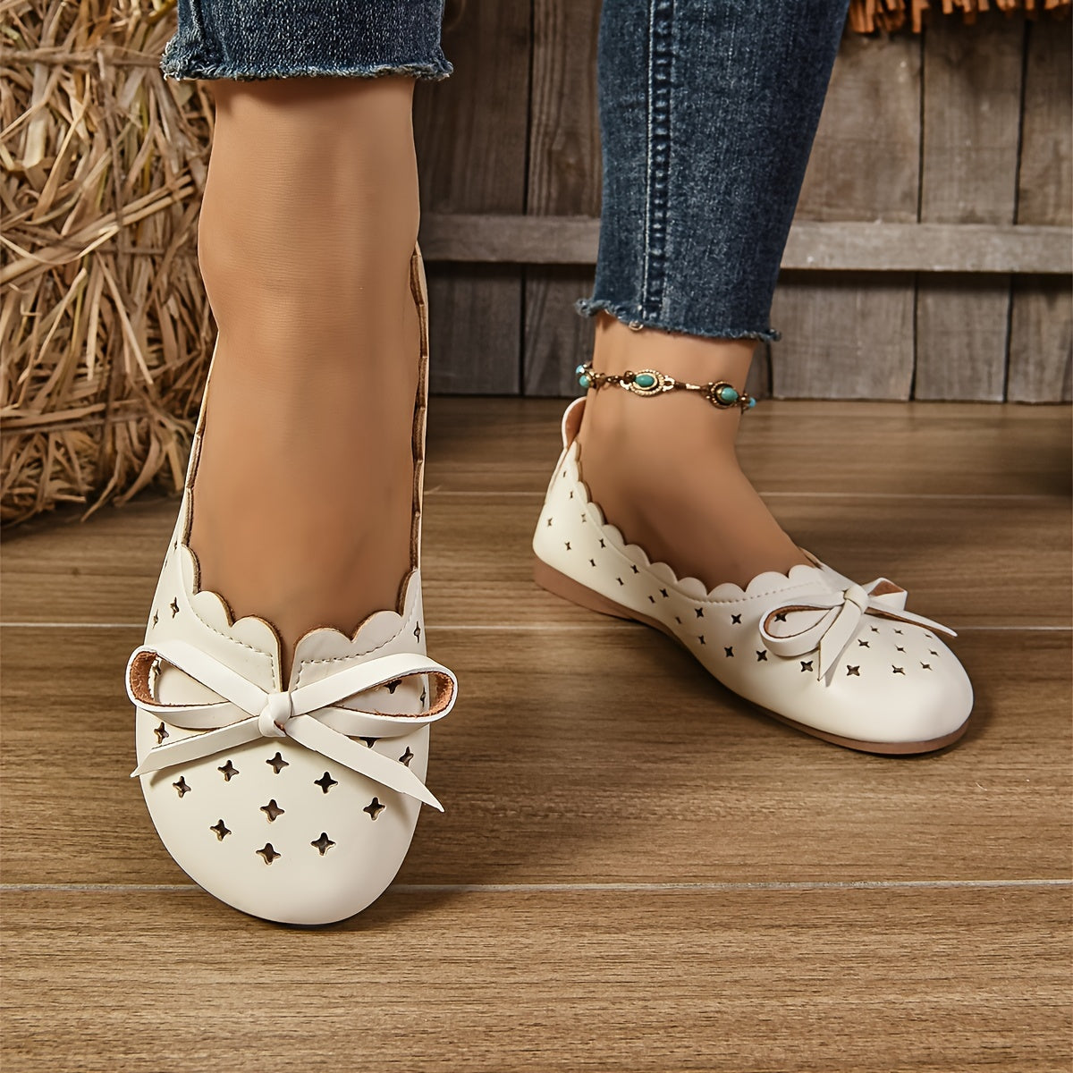 Women's All-Season Ballet Flats Breathable Slip-On Shoes with Bow Accents