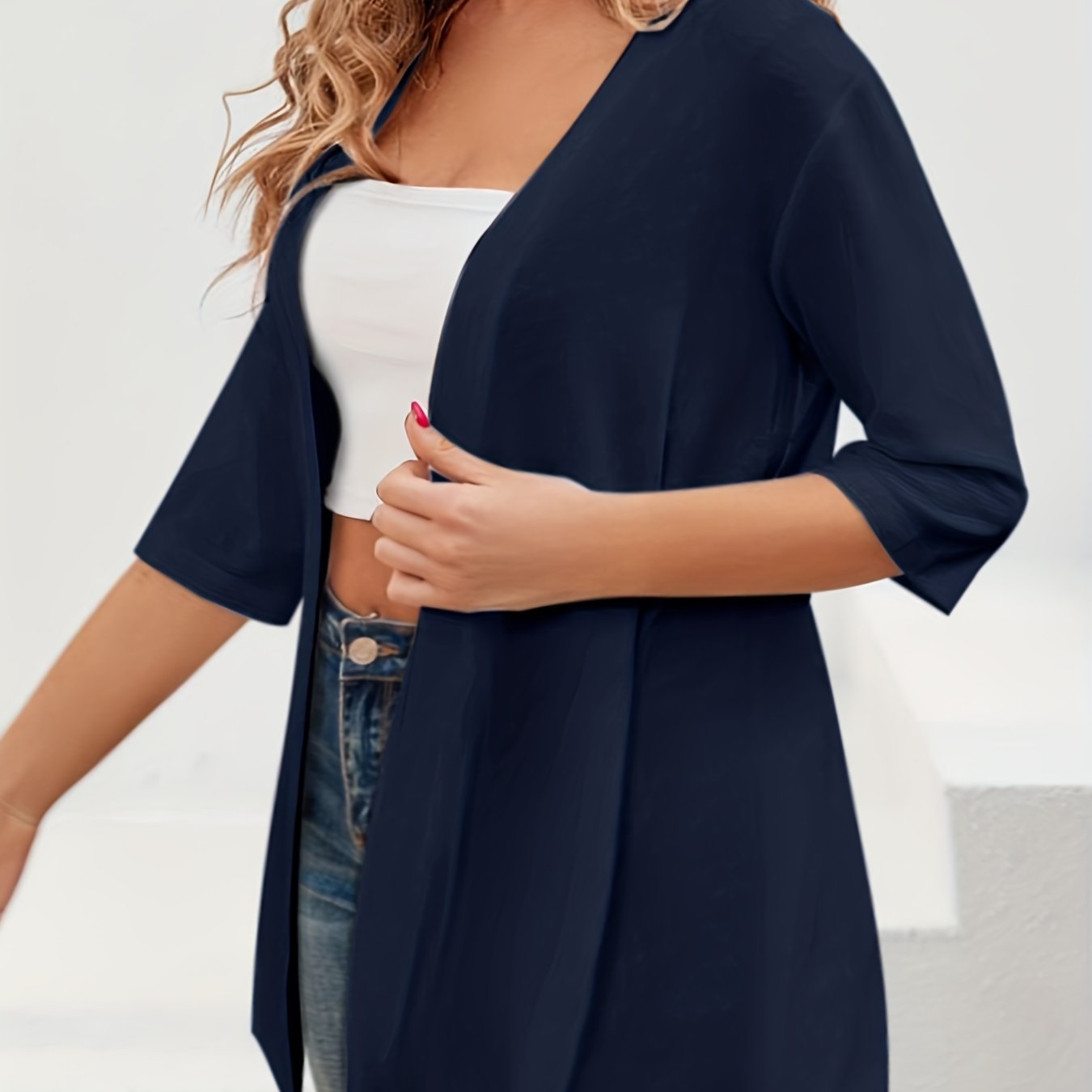 Plus Size Women's Cardigan Open Front Solid Color Half Sleeve Fall Winter